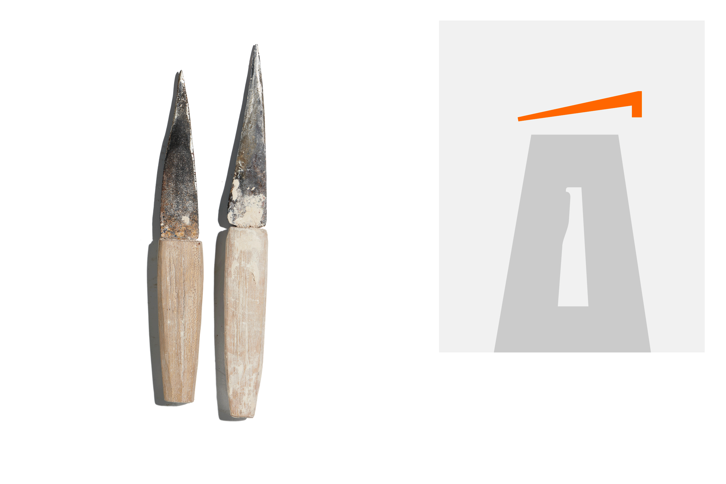 Historical artisan tools used in traditional pottery making displayed alongside minimalist architectural graphics for Bát Tràng Museum.