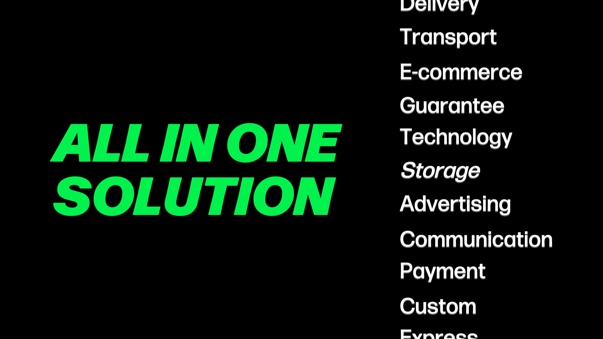 Animated typography banner displaying logistics service keywords in bold green and white layout.