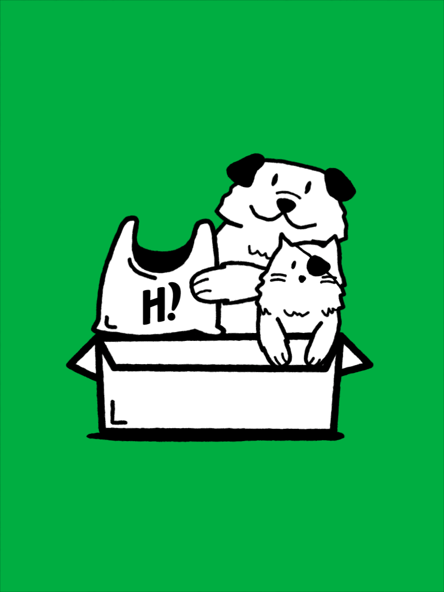 Charming hand-drawn illustration of cats and dogs interacting with the HiRaw brand.