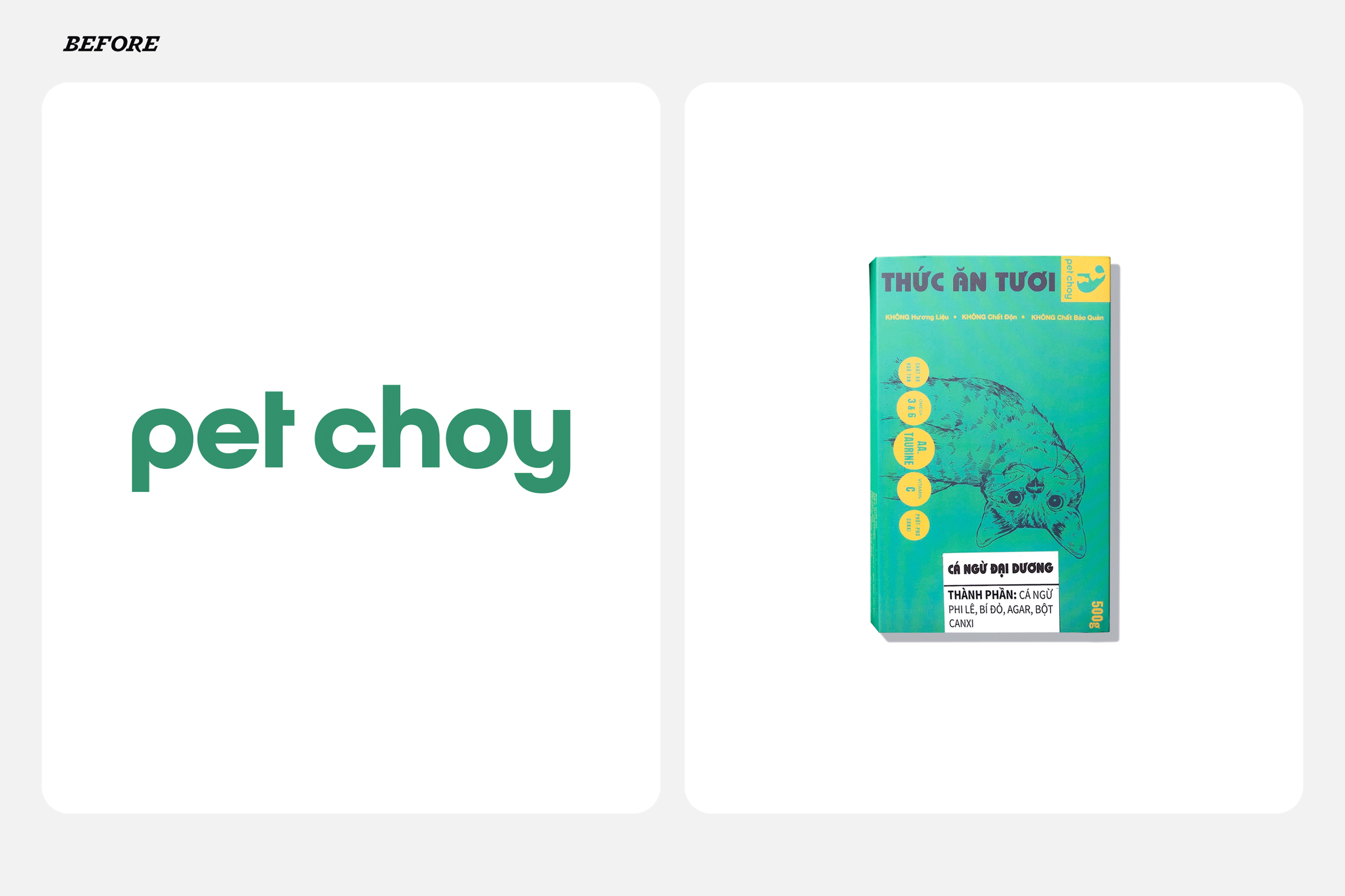 Minimalist brand identity layout showcasing clean packaging and logo applications for PetChoy.