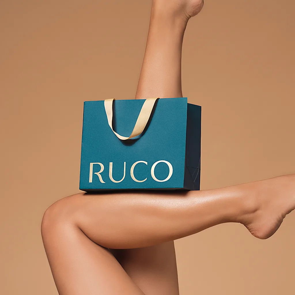 Luxurious teal and gold shopping bag held up against a warm background for RUCO.