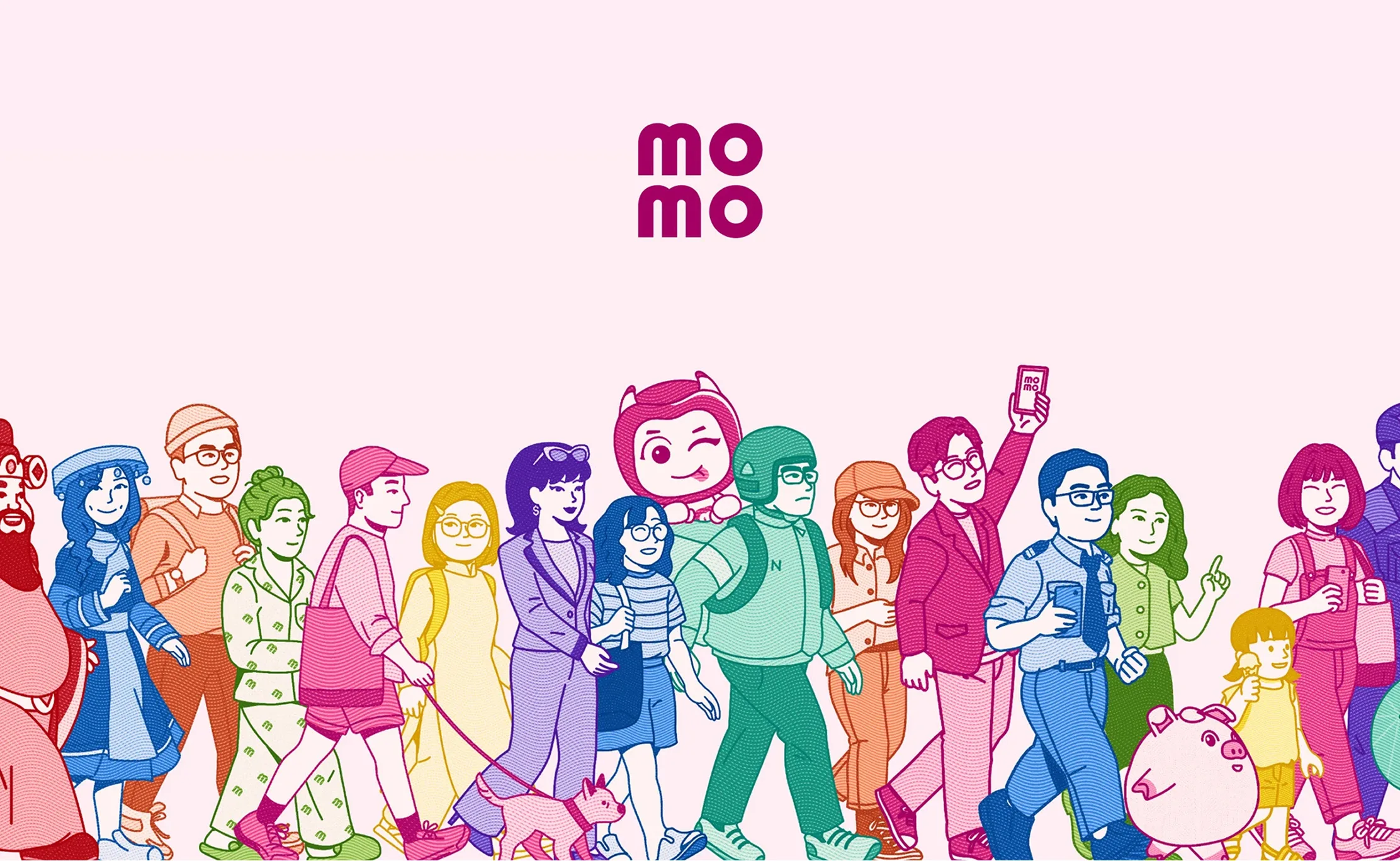 Group illustration of diverse cartoon characters and brand mascots presented in MoMo's pink aesthetic.