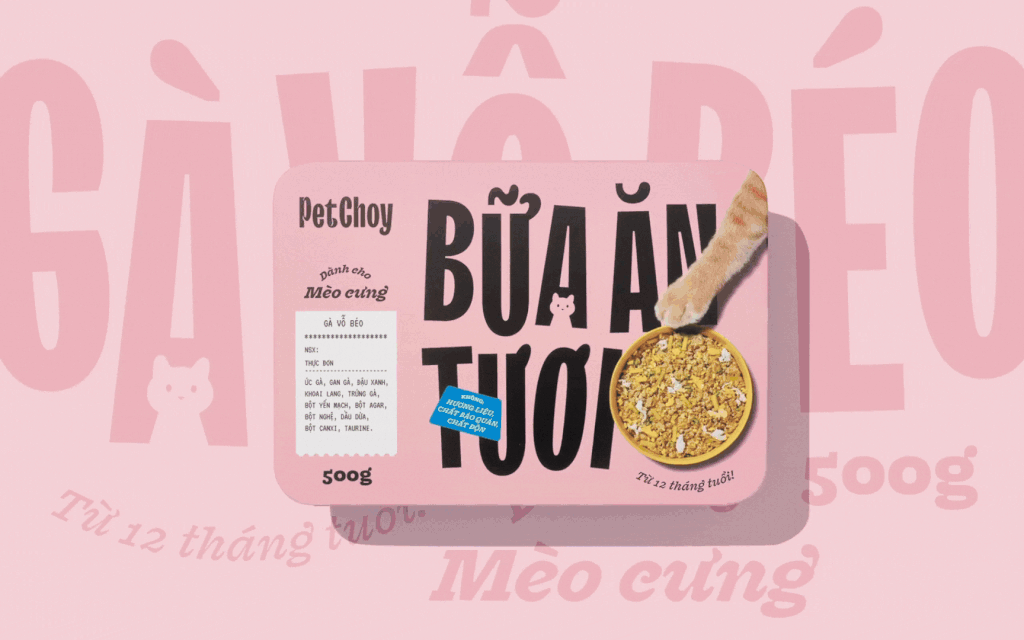 Vibrant pastel branding poster featuring playful typography and pet food packaging for PetChoy.