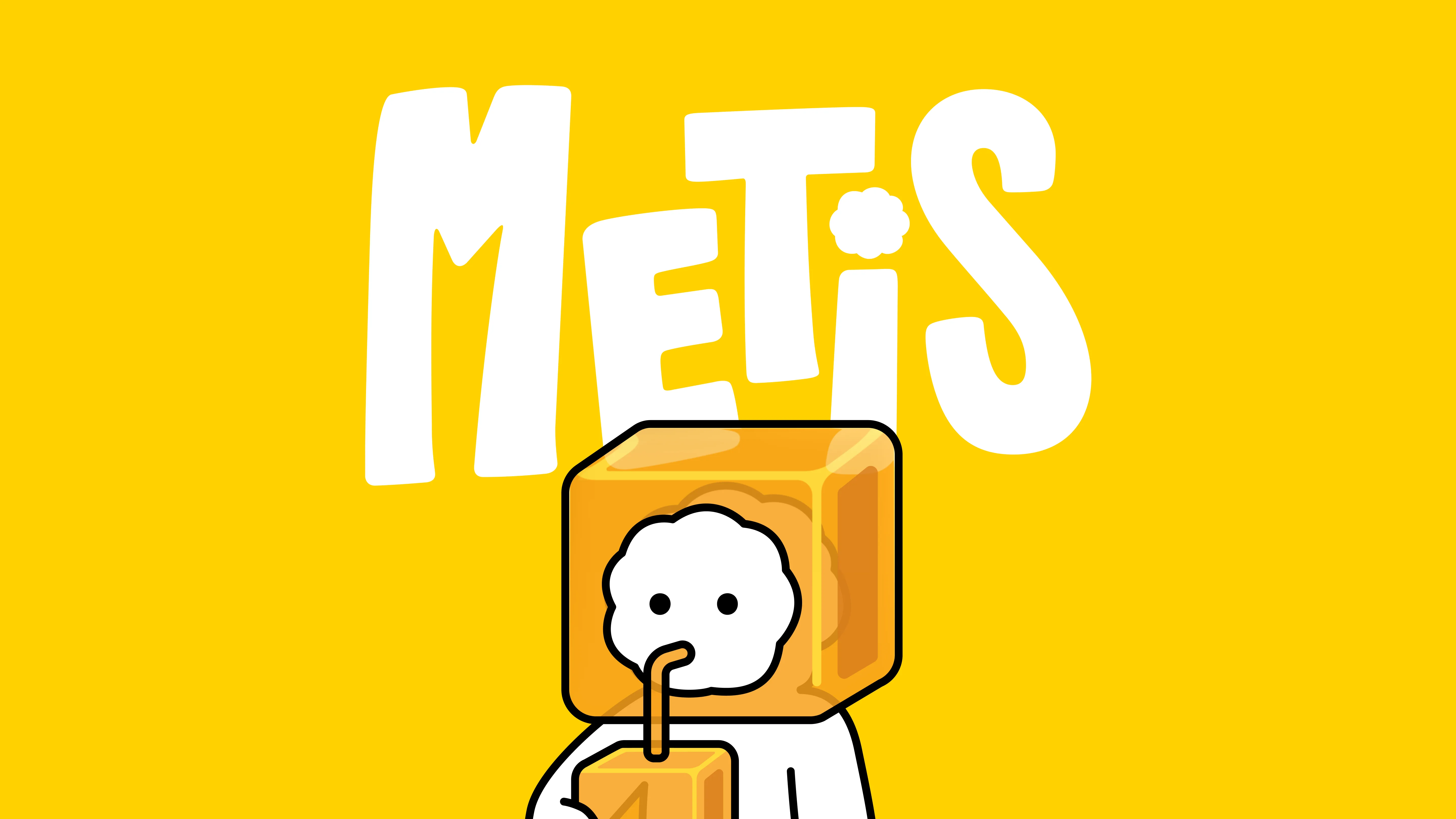 Playful character mascot sipping from a branded box beneath bold white typography against a vibrant yellow background for Metis.